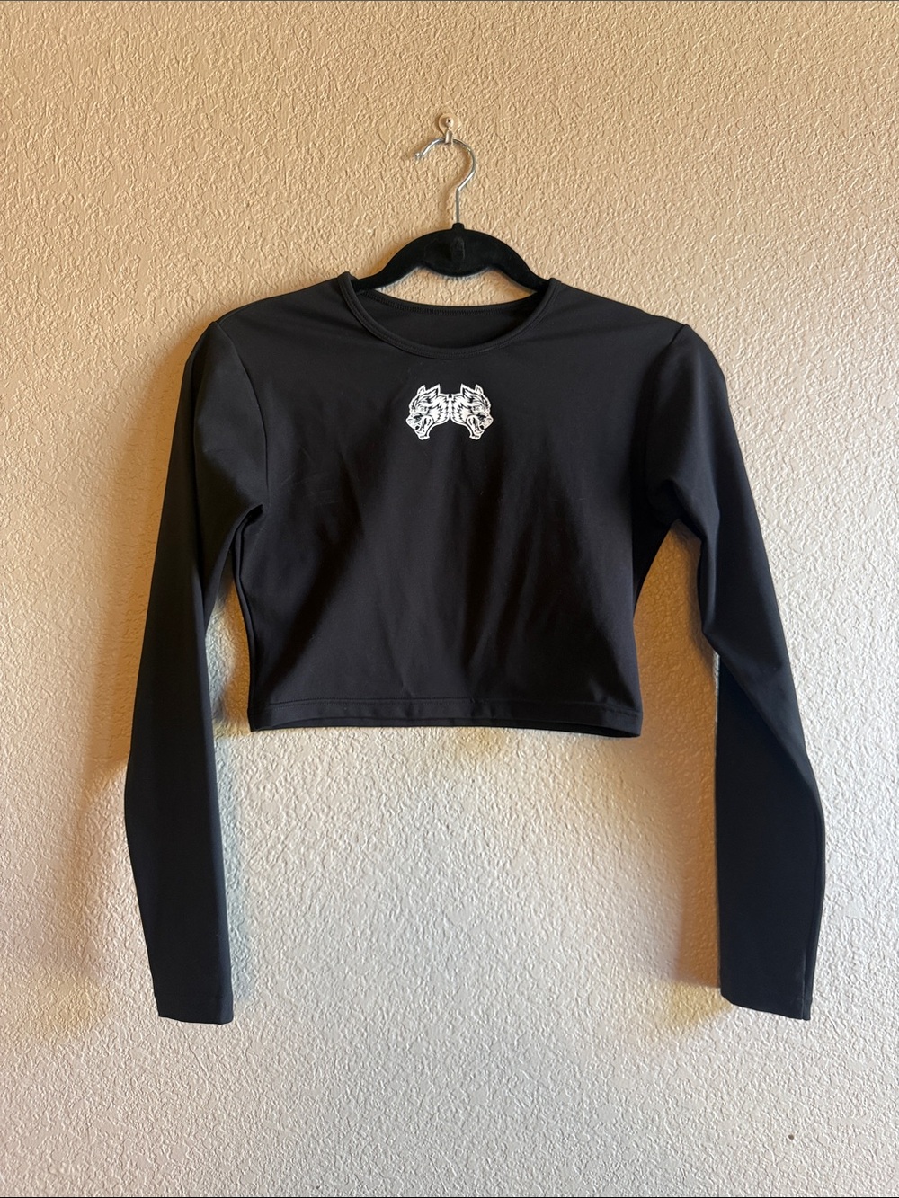 Black Long-Sleeve Cropped Top with White Graphic
